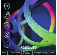 Flexibilní RGBIC LED světelný had s hudebním senzorem, paměťovou funkcí, tvarováním a časovačem.
