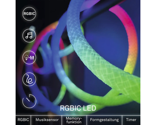 Flexibilní RGBIC LED světelný had s hudebním senzorem, paměťovou funkcí, tvarováním a časovačem.