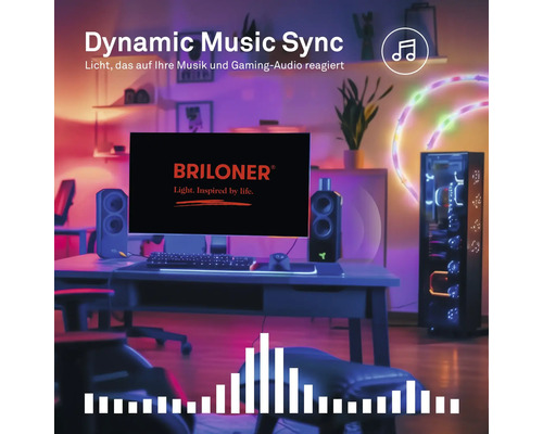 Herní sestava s pracovním stolem, monitorem, reproduktory a skříní PC, osvětlená LED pásky se synchronizací hudby. Briloner Logo.