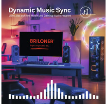 Herní sestava s pracovním stolem, monitorem, reproduktory a skříní PC, osvětlená LED pásky se synchronizací hudby. Briloner Logo.