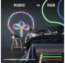 Srovnání LED pásků RGBIC a RGB v ložnici. RGBIC zobrazuje několik segmentů současně, zatímco RGB zobrazuje jeden segment najednou.