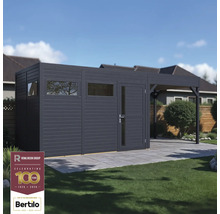 Zahradní domek s rovnou střechou a boční markýzou na trávníku