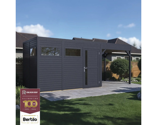 Zahradní domek s rovnou střechou a boční markýzou na trávníku