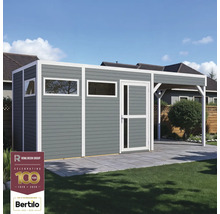 Šedý zahradní domek s bílým rámem, okny a krytou verandou