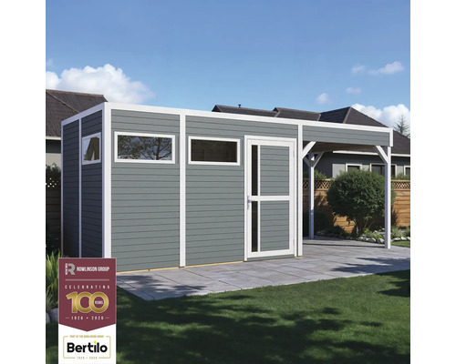 Šedý zahradní domek s bílým rámem, okny a krytou verandou