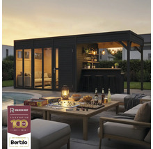 Zahradní domek s barem a stolem s venkovními hrami. Logo Rowlinson Group. Logo Bertilo.