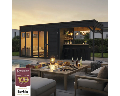 Zahradní domek s barem a stolem s venkovními hrami. Logo Rowlinson Group. Logo Bertilo.