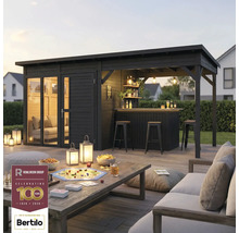 Zahradní domek s barem, policemi, osvětlením, stolem a venkovním posezením