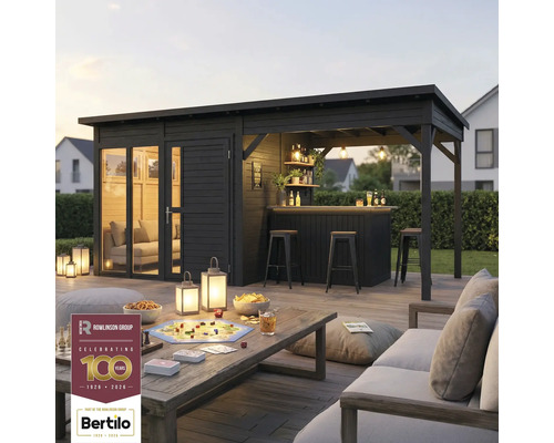 Zahradní domek s barem, policemi, osvětlením, stolem a venkovním posezením