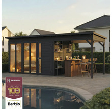 Zahradní domek s barem, policemi a posezením u bazénu.