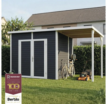 Zahradní scéna s kůlnou na nářadí, jízdním kolem a sekačkou na trávu