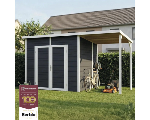 Zahradní scéna s kůlnou na nářadí, jízdním kolem a sekačkou na trávu