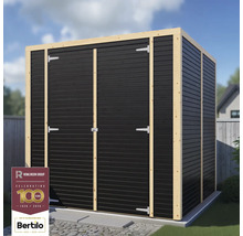 Zahradní domek s dvoukřídlými dveřmi a dřevěným rámem