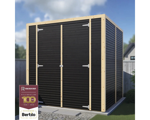 Zahradní domek s dvoukřídlými dveřmi a dřevěným rámem