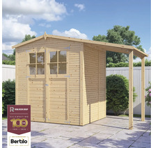 Dřevěný zahradní domek s přístavbou a dvoukřídlými dveřmi