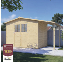 Dřevěný zahradní domek s dvoukřídlými dveřmi, okny a markýzou