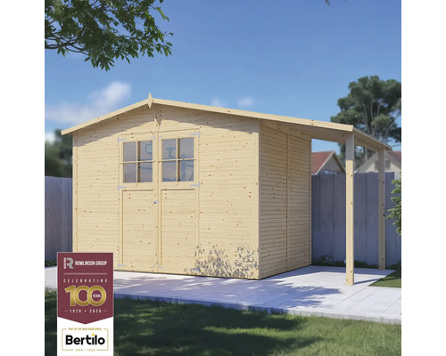 Dřevěný zahradní domek s dvoukřídlými dveřmi, okny a markýzou