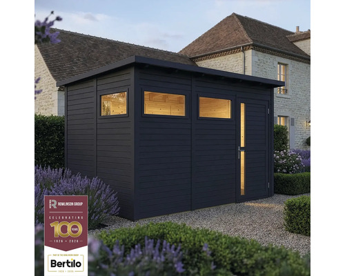 Zahradní domek Bertilo Pentus 3 včetně podlahy 337x234 cm antracit Tmavě šedá dřevěná zahradní kůlna s plochou střechou, dveřmi a okny na zahradě