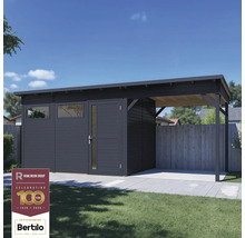 Moderní zahradní domek s přístřeškem pro auto a logem Rowlinson Group.