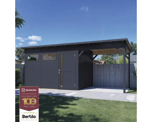 Moderní zahradní domek s přístřeškem pro auto a logem Rowlinson Group.