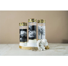 Tři hřbitovní svíčky s různými motivy a figurkou anděla