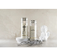 Dvě hřbitovní svíčky s motivem a stříbrným víčkem