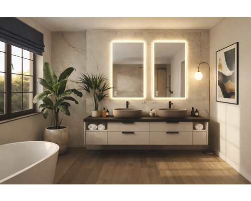 Světlá koupelna s dvojitým umyvadlem, osvětlenými zrcadly, vanou a rostlinami pro přátelskou atmosféru