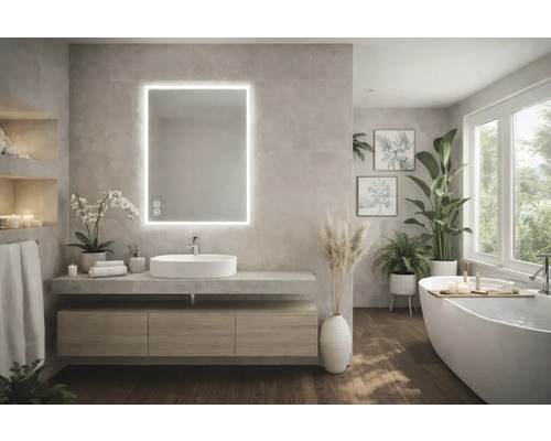 Světlá koupelna s umyvadlem, osvětleným zrcadlem a vanou