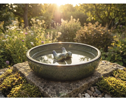 Keramické pítko pro ptáky s ptačí dekorací na zahradě