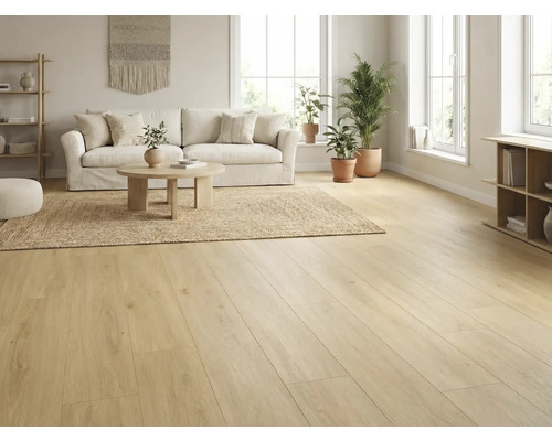 Světlý obývací pokoj s dřevěnou podlahou, pohovkou, kobercem a rostlinami pro přátelskou atmosféru.