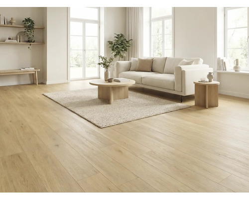 Světlý obývací pokoj s dřevěnou podlahou, pohovkou, kobercem a konferenčními stolky