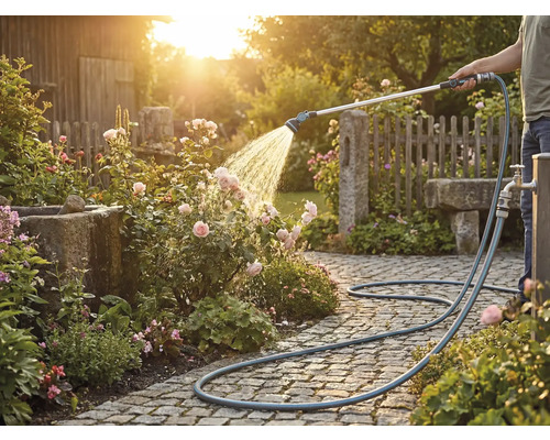 Osoba zavlažuje růže zahradní hadicí na dlážděné cestě.
