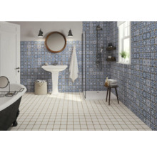 Koupelna se sprchou, umyvadlem, vanou a modrobílými vzorovanými obklady.