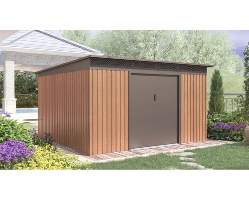 Moderní kovový zahradní domek s dekorem dřeva, plochou střechou a dvojitými posuvnými dveřmi v zahradě.