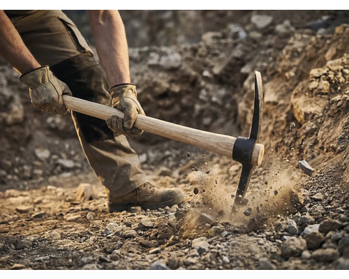 Muž používá krumpáč k kopání v zemi