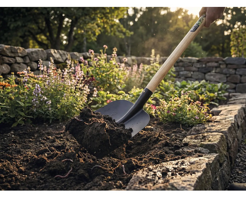 Lopata nabírá zeminu na zahradním záhoně.