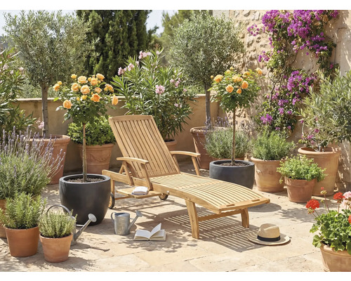 Zahradní scéna s dřevěným lehátkem, rostlinami v květináčích a dekorativními prvky pro venkovní použití