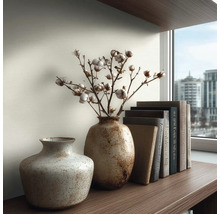 Dekorativní aranžmá se dvěma vázami, větvemi bavlny a knihami na polici.