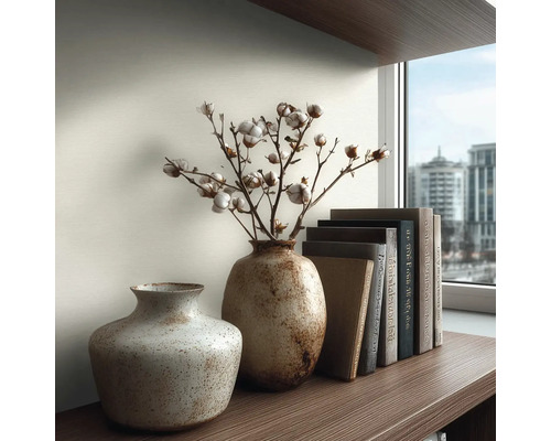 Dekorativní aranžmá se dvěma vázami, větvemi bavlny a knihami na polici.