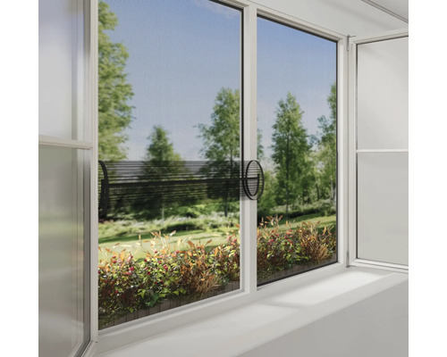 Okno se sítí proti hmyzu s výhledem do zeleně