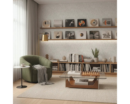 Obývací pokoj s křeslem, konferenčním stolkem a knihovnou pod sbírkou gramofonových desek