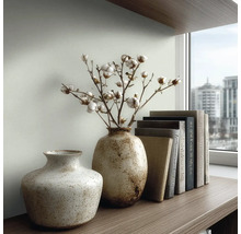 Dvě kropenaté keramické vázy se sušenými bavlníkovými větvemi a řada knih na dřevěné polici před oknem.