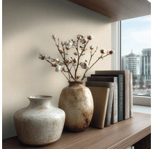 Dekorativní uspořádání na polici se dvěma vázami, bavlněnými větvemi a knihami před oknem.