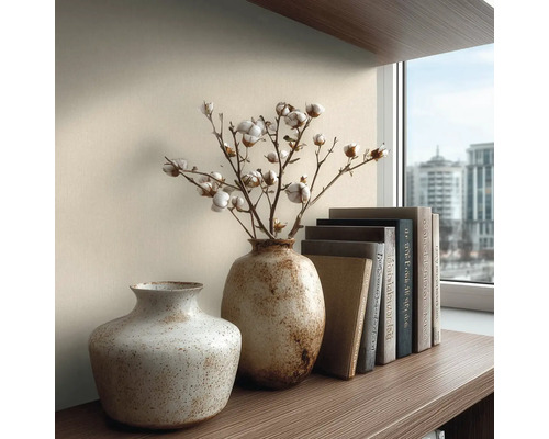 Dekorativní uspořádání na polici se dvěma vázami, bavlněnými větvemi a knihami před oknem.