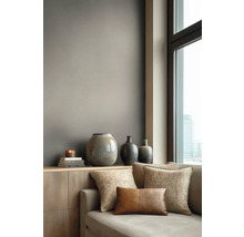 Moderně navržený obývací prostor s matnou stěnou v barvě taupe za dřevěnou komodou s vázami a pohovkou vedle okna.