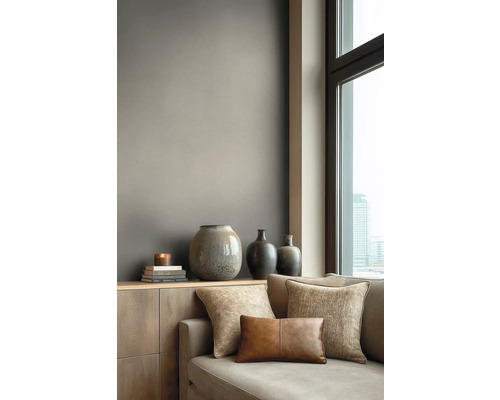 Moderně navržený obývací prostor s matnou stěnou v barvě taupe za dřevěnou komodou s vázami a pohovkou vedle okna.