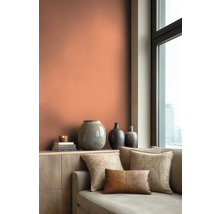 Obývací pokoj s pohovkou, ozdobnými polštáři a stěnou v terakotové barvě