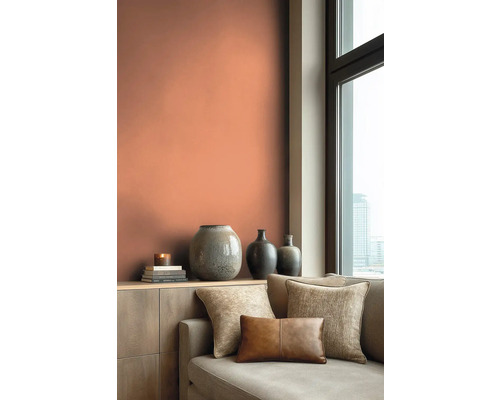 Obývací pokoj s pohovkou, ozdobnými polštáři a stěnou v terakotové barvě