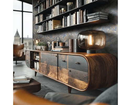 Obývací pokoj s dřevěnou komodou, skleněnou stolní lampou s vláknem, nástěnnou policí s knihami a vzorovanou tapetou.