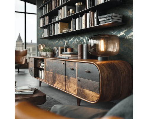 Obývací pokoj s dřevěnou komodou, lampou a knihovnou